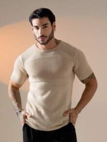 Men's Textured Short-Sleeved Knit T-Shirt With Crew Neck, Summer Chic Premium Style. - 米色 - 查看 5