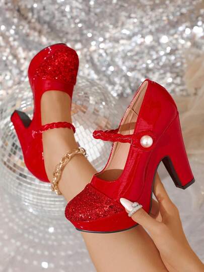 11.3cm Super High Heel Round Toe Pumps, Thick Platform, Patent Leather Patchwork, Pearl Buckle, Large Size Cheongsam Wedding Party Shoes For Women
