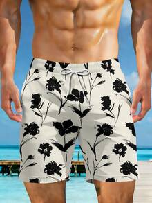 Floral Pattern Men's Beach Pants  Black And Cream Botanical Print 2026 Summer New Style Lightweight Breathable Fabric For Casual Wear And Everyday Outfits 3D Printing Soft Comfortable Material Per_pt92_01 - 混合色 - 查看 1