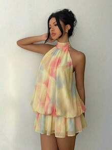 Vestido mini elegante de mujer con cuello halter y lazo en color amarillo claro - Amarillo claro 2 - Ver 5