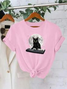 Black Cat Playing Keyboard Under Moon 180g Milk Silk Double Grinding Women's T-Shirt,Comfortable,Suitable,Casual Versatile Tops, Street Wear, Daily Outfits, Free Shipping - 粉色 - 查看 3