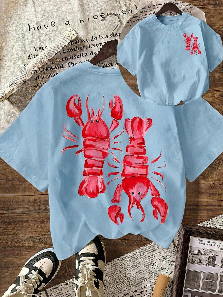 Y2K Pink Lobster, Holiday Outfits For Women, T-Shirts For Women, Summer Outfits, Summer Outfit For Women, Women's Silver Jewelry, Beach Outfits For Women, Club Wear, Plus Size T-Shirt - Women's Casual Round Neck Short Sleeve T-Shirt - Baby Blue - View 1