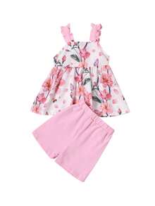 2 Pcs Infant Summer Outfits, Baby Girl Watermelon/Flower Ruffle Strap Square Collar Bowknot Tank Top + Shorts with Pockets - flores rosas - Ver 4