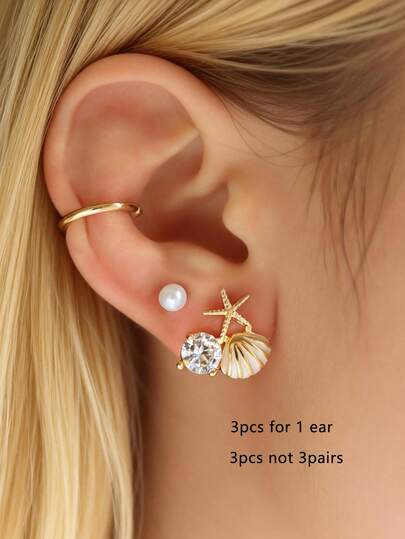 Set de 3 piezas de aretes con circonita cúbica, decorados con conchas y perlas falsas, adecuados para uso diario de mujeres, verano y vacaciones en la playa