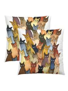 1/2/4pcs Cat Print Square Pillow Cover, Cat Pattern Pillow Sham (Pillow Insert Not Included), Soft Fabric, Bedding, Suitable For Living Room, Bedroom, Sofa, Car, All Seasons, Holiday Gift - Multicolor - View 4