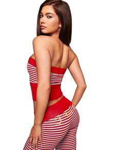 Slim Fit, Sexy Stretch Striped Design, Printed Bandeau Vest, Top, Trouser Set, Two-Piece Set - Đỏ - Xem 2