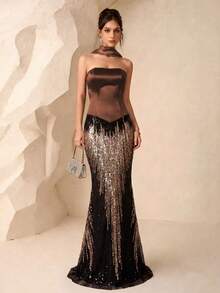 Bandeau Satin elegantes formelles Abendkleid mit Meerjungfrauen-Rock und wellenförmigem Paillettenband, Geburtstags- und Party-Abendkleid im leichten Socialite-Stil für Hochzeiten - Braun - Übersicht 6