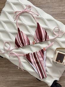 Bikinx Women's Casual Cute Striped Pattern Lace Decor Halter Tie Back Bikini Set Vacation - Multicolor - View 2