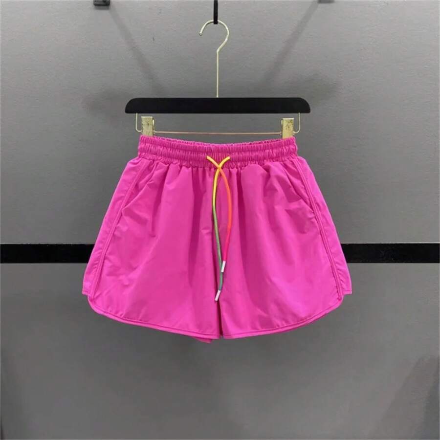 Pantalones Cortos Deportivos de Secado Rápido para Mujer, Estilo Coreano, de Verano, Finos, con Cordón, de Pierna Ancha y Aju... - Rosa roja [Versión de alta calidad] - Ver 1