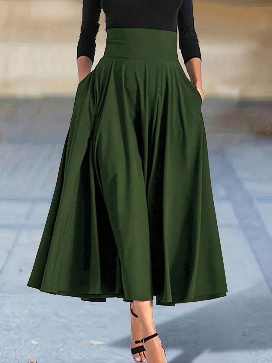 Novedad en vestidos, faldas acampanadas de Color sólido para mujer, ropa, Falda larga de cintura alta elástica para mujer con lazo, faldas elegantes para mujer - verde - Ver 1