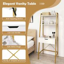 Dressing Table Stool Set With Flip Top Mirror & Hidden Storage For Bedroom - White+Gold - View 5