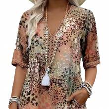 New European American Fashion Printed Lace Trimmed V Neck Short Sleeve Dress - 藍色 - 查看 5