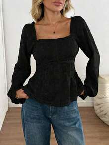 2026 Blusa de estilo casual y elegante para oficina con cuello cuadrado, volantes, mangas abullonadas, parches de encaje, cintura ceñida, corte evasé, bordados, textura de jacquard, para mujeres en otoño, color blanco - Negro - Ver 3