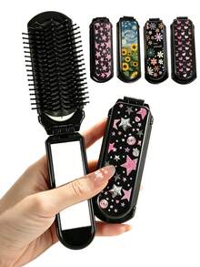 This 2-In-1 Folding Comb With Mirror And Massage Function, Printed With Cute Star, Heart, Sunflower And Colorful Flower Patterns. Portable And Lightweight, Perfect For Daily Commute, Business Trip, Travel, Outdoor Activities, Dating And Student Dorm Use, A Convenient And Practical Hair Styling Tool. - Black - View 1