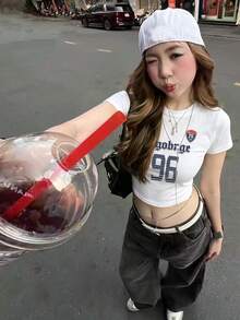 女士街头风短款T恤，简约字母印花，夏季修身休闲白色上衣 - 白色 - 查看 1