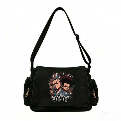 极简黑色帆布斜挎包，大容量，印有美国动漫《布恩道克斯》图案，街头风单肩包，适合日常、上学、通勤、购物等场合。