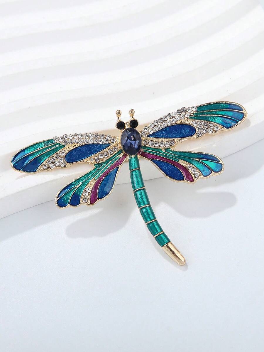 1件装 时尚蓝色珐琅水钻蜻蜓胸针（女士款） - 彩色 - 查看 1