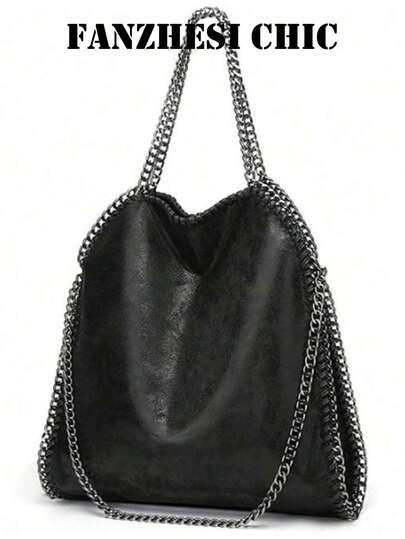 Black PU Leather Chain-Embellished Tote/Shoulder Bag, Suitable For Professional Women And Young Women, Can Be Used For Work, Shopping, And Vacation.