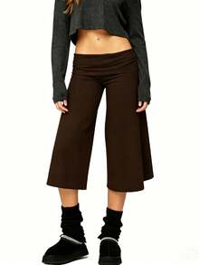 Fold Over Gaucho Pants Culottes For Women Low Rise Capris Foldover Flowy Going Out Flare Bottoms Wide Leg Capri Pants - 棕色 - 查看 4