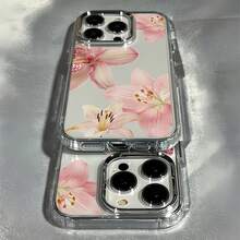 1pc Electroplated Metal Button Transparent Minimalist Personalized 4 Pink Orchid Pattern Phone Case, Suitable For IPhone 16 Pro Max, 17/16/15/14 Plus, 13/12/11, Air - Multicolor - View 2