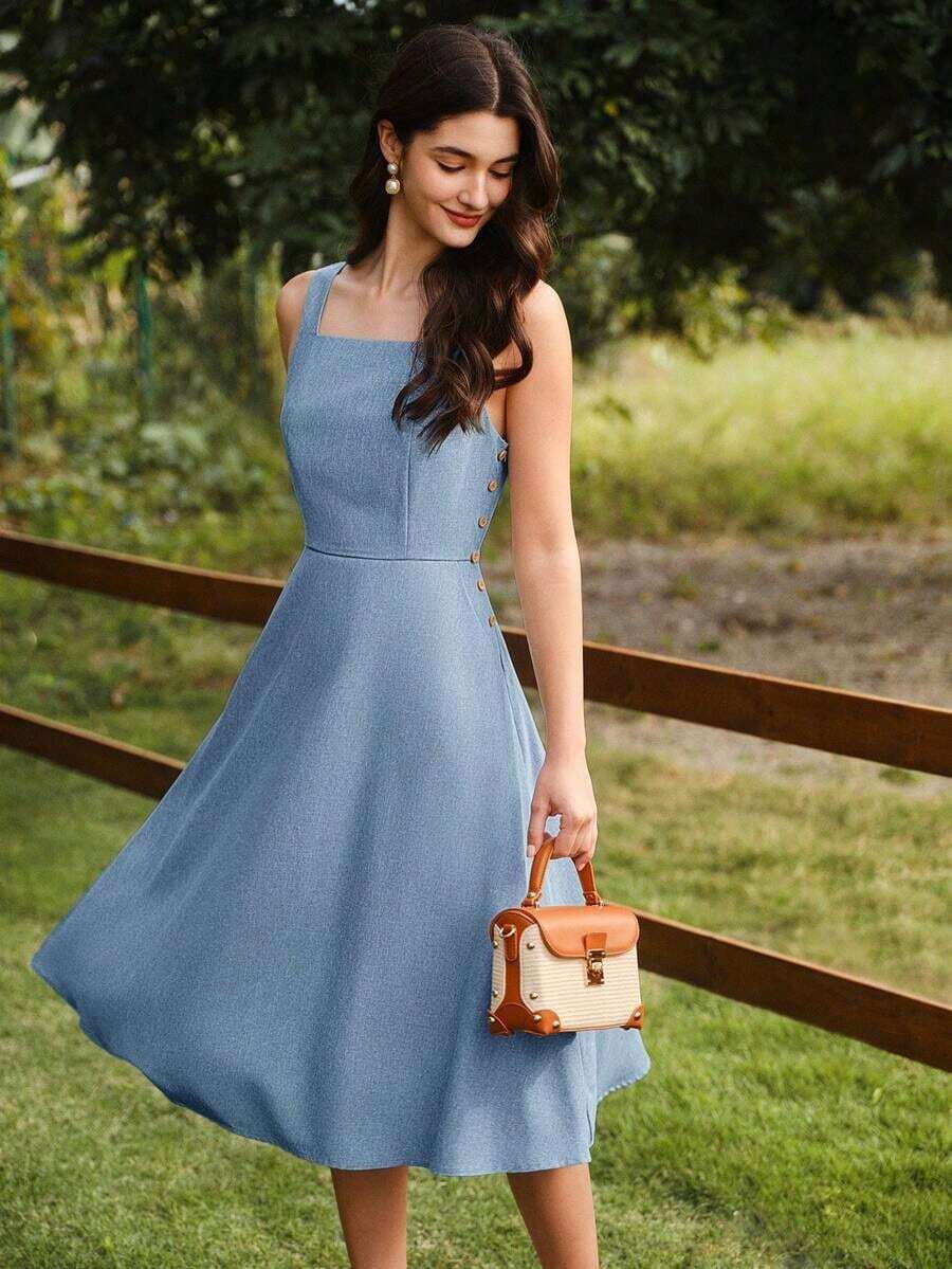 Este elegante vestido midi de tirantes, en un verde profundo, es la prenda ideal para el verano.Con un diseño vintage de botones y prácticos bolsillos, su corte acampanado favorece la silueta y combina estilo con funcionalidad.Es perfecto para paseos por la playa, vacaciones, brunchs o cualquier ocasión primaveral y veraniega, evocando el estilo romántico de los años 90. - lago azul - Ver 1