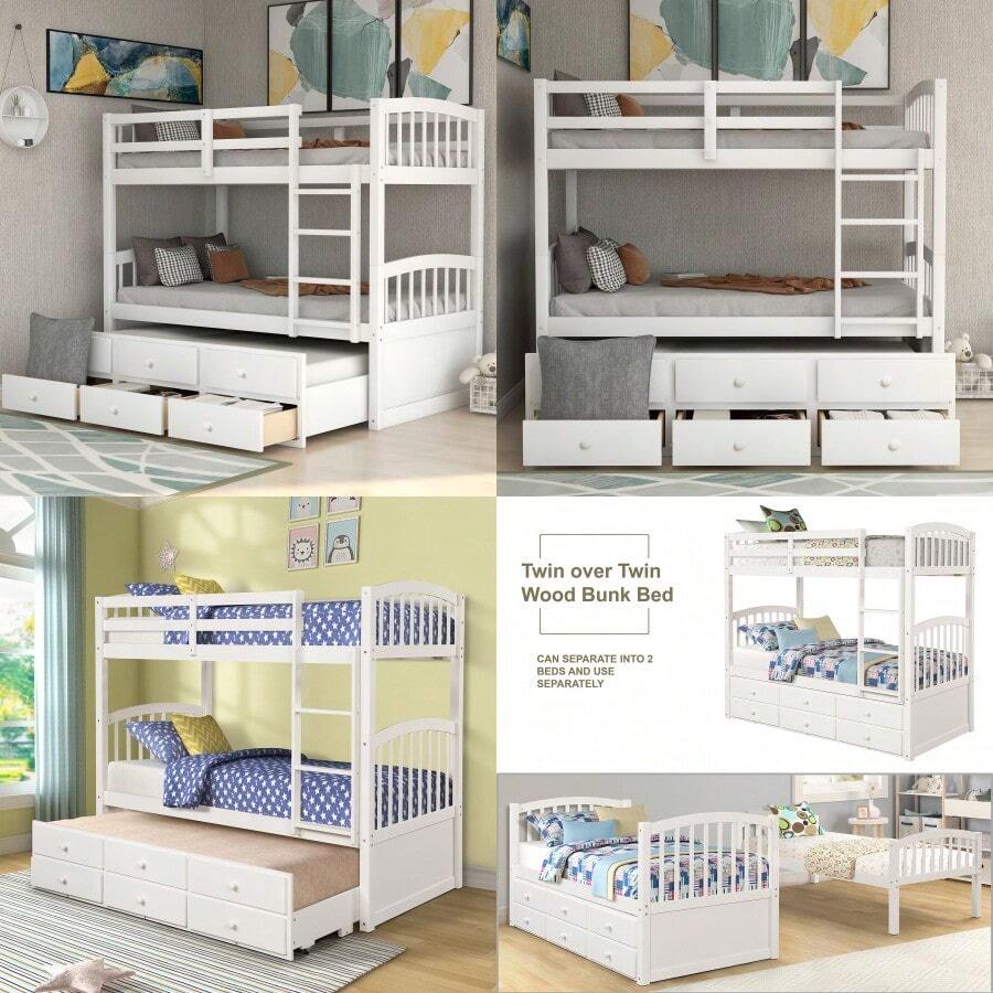 Twin Bunk Bed With Ladder Safety Rail Twin Trundle Bed With 3 Drawers For Teens Bedroom Guest Room Furniture White (OLD SKU :LT000071AAK) - 白色 + 實木1 - 查看 1