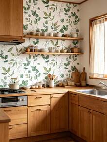 1 Roll Green Leaf Wallpaper, Bohemian Style Removable Design Wallpaper. Its Design Adopts A Modern Minimalist Self-Adhesive Style, Suitable For Cabinet Decoration, Bedroom Accent, Wall Panels With Removable Stickers, And Special Wall Surfaces Or Interior Decoration For The Entire Room. - Multicolor - View 4