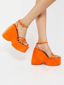 RASOLLI Women's Orange Crocodile Embossed Platform Open Toe Wedges Y2K Chunky Strappy Vegan Sandals - trái cam - Xem 1