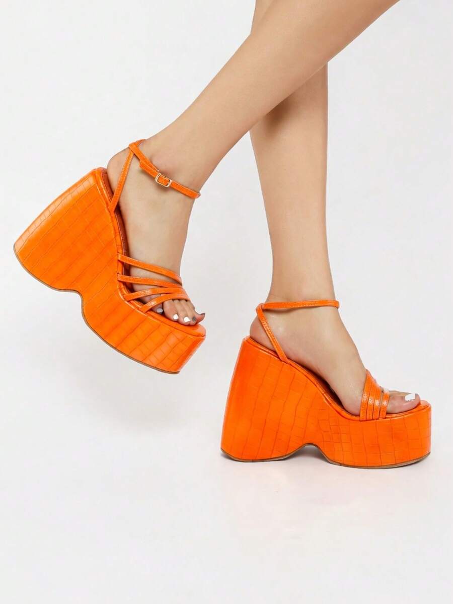 RASOLLI Women's Orange Crocodile Embossed Platform Open Toe Wedges Y2K Chunky Strappy Vegan Sandals - trái cam - Xem 1