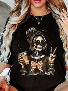 Women's Round Neck T-Shirt With Stylish Skeleton Print And Accessories, Fashionable Women's T-Shirt With Black Geometric Skeleton Print And Accessories, Casual Short-Sleeve T-Shirt, Women's Blouse On , Comfort For All Seasons - 黑色 - 查看 1