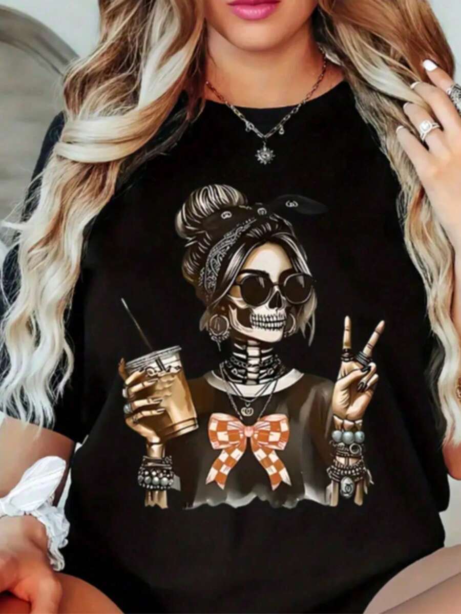 Women's Round Neck T-Shirt With Stylish Skeleton Print And Accessories, Fashionable Women's T-Shirt With Black Geometric Skeleton Print And Accessories, Casual Short-Sleeve T-Shirt, Women's Blouse On , Comfort For All Seasons - 黑色 - 查看 1