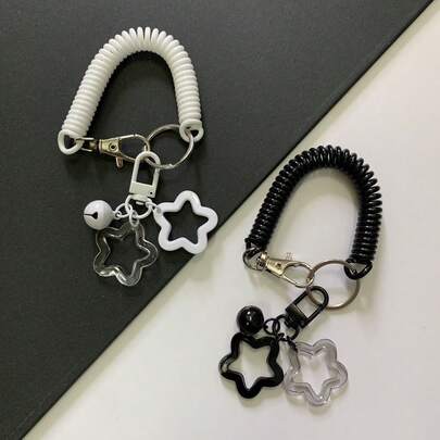 Plastic Black/White Retractable Spring Rope Keychain, Pentagram & Bell Small Pendant, Anti-Lost Key Ring, Versatile Bag Charm Accessories