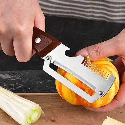 1 chiếc dụng cụ gọt vỏ rau củ đa năng 2 trong 1 bằng thép không gỉ kèm mở nắp chai, tay cầm bằng gỗ, thích hợp để gọt vỏ và thái rau củ quả | Bền bỉ, hoạt động trơn tru, dụng cụ nhà bếp thiết thực cho nhiều loại nông sản.