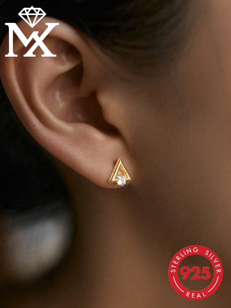 1 Đôi bông tai bạc 925 cao cấp, tối giản, đính đá Cubic Zirconia hình học, thích hợp cho nữ giới đeo hàng ngày khi đi làm và hẹn hò. - bông tai - Xem 1