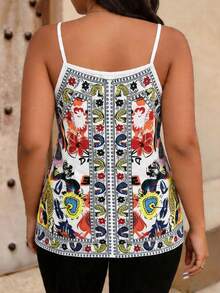 Blusa de tirantes con lazo y estampado de vacaciones para mujer talla grande - Multicolor - Ver 2