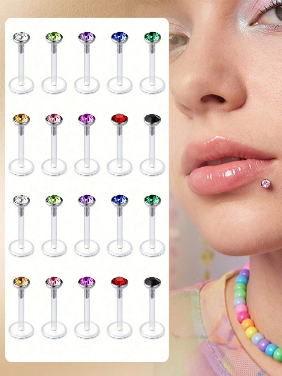 CIZME 10pcs Acrylic Plastic Lip/Ear Studs Set, Transparent Rhinestone, 16G*6/8/10/12mm, Unisex, Minimalist Fashion, Versatile Daily Wear - Color - View 1