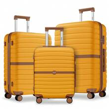 Set de Maletas 20/24/28 Pulgadas - ABS+PC Resistente - Equipaje de Cabina y Facturado - Ruedas Giratorias y Candado - Perfecto para Familia, Estudiantes, Hombres y Mujeres - Amarillo + Marrón - Ver 12