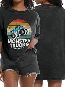 Monster Truck Are My Jam Retro Sunset Cool Engines  Washed Effect Oversized T Shirt Unisex Casual Short Sleeve Crew Neck Tee For Daily Wear And Streetwear Cosplay, - màu đen - Xem 2