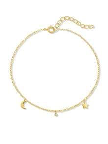 EleRunis 1 chiếc vòng đeo mắt cá chân bằng bạc sterling 925 mỏng manh, nhiều lớp, hình ngôi sao và mặt trăng, phong cách Boho, trang sức mùa hè kiểu Hawaii dành cho nữ và các cô gái yêu thích đi biển. - Vàng - Xem 9