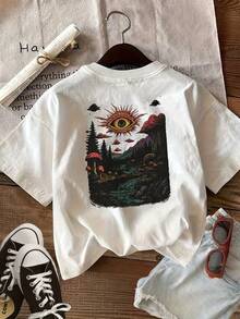 Camiseta casual de algodón para mujer, verano 2026, con estampado a doble cara de ojos psicodélicos y setas, manga corta, cuello redondo, estilo camiseta de verano. - Blanco - Ver 3