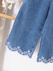 2件套女童街头风花卉刺绣无袖牛仔圆领背心+配套弹力腰直筒牛仔裤套装，夏季 - 深色水洗藍 - 查看 6