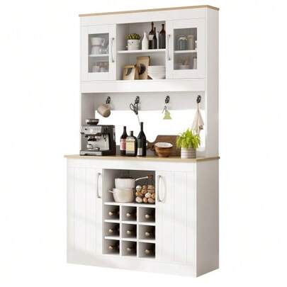 Sideboard/Buffet With China Cabinet, 175 Cm, Kitchen Cabinet With Glass Doors, Wine Rack And Hanging Rail, Large China Cabinet/Pantry/Kitchen Cabinet For Kitchen, Dining Room, Living Room