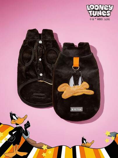 LOONEY TUNES X PETSIN 1件刺绣黑色鸭子宠物猫狗通用黑色带防滑扣毛绒保暖舒适无袖防滑外套