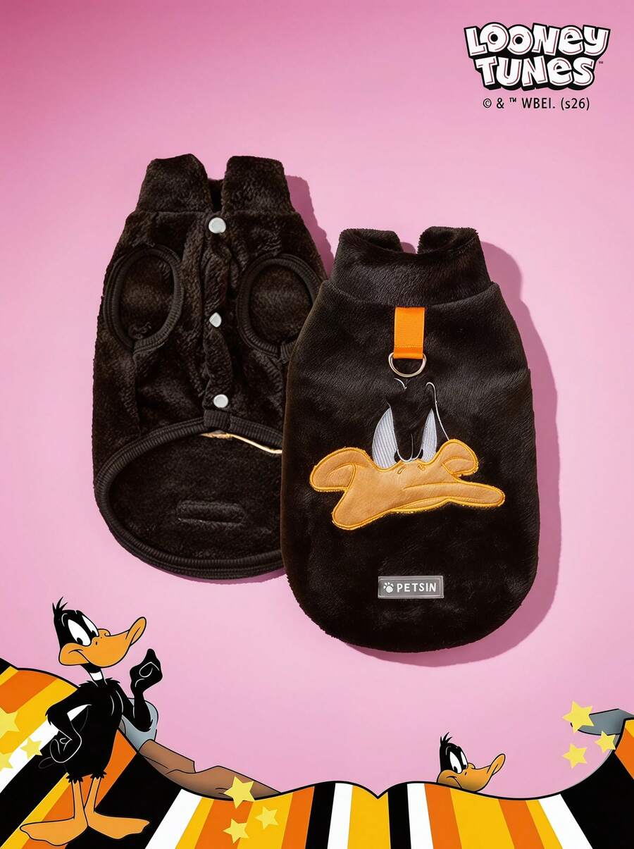 LOONEY TUNES X PETSIN 1件刺绣黑色鸭子宠物猫狗通用黑色带防滑扣毛绒保暖舒适无袖防滑外套 - 黑色 - 查看 1