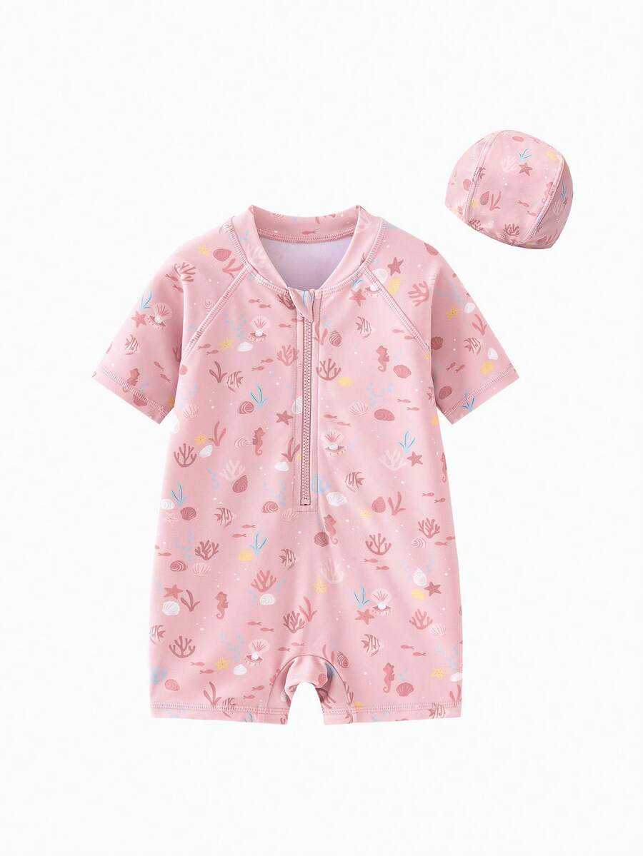 mini bala Baby Girls Swimwear Set 2026 Summer One Piece Swimsuit With Swim Cap Cute Princess Style UV Protection Beach Swimming Outfit Vacation Pool - Red Hue - View 1