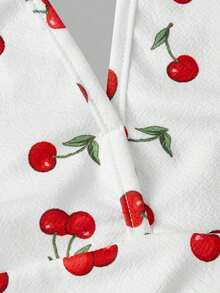 Vestido mini elegante estampado de cerezas con cuello halter, espalda descubierta y cintura fruncida, estilo dulce ideal para fiestas, vacaciones playeras y citas de primavera y verano - Rojo y negro - Ver 9