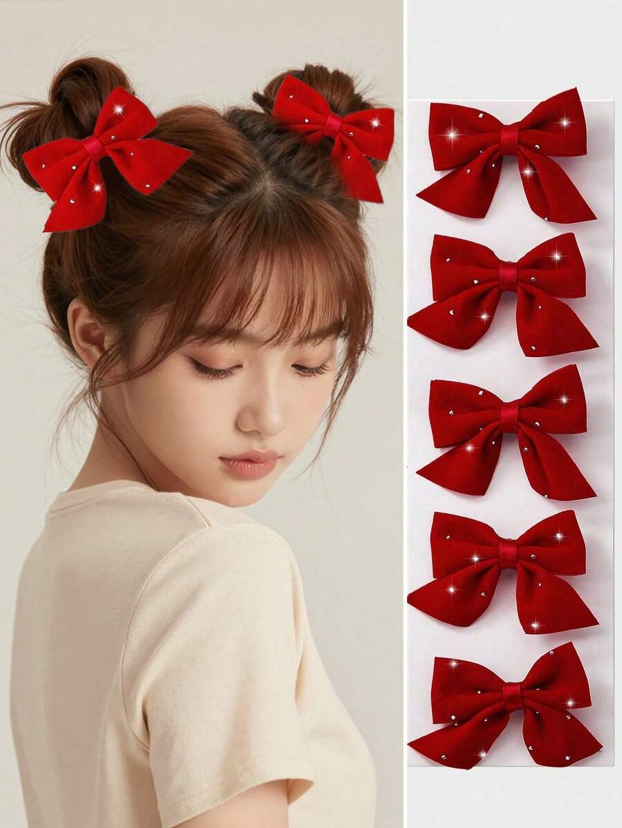 5pcs/Set Girls Velvet Bowknot Hair Clips, Red Barrettes With Rhinestones, Elegant Hair Accessories For Daily Use, Suitable For Christmas, Valentine's Day - Red - View 1