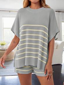 Women's Striped 2 Piece Outfits Oversized Batwing Short Sleeve Tops High Waisted Shorts Summer Knit Lounge Short Sets - Light Grey - View 1