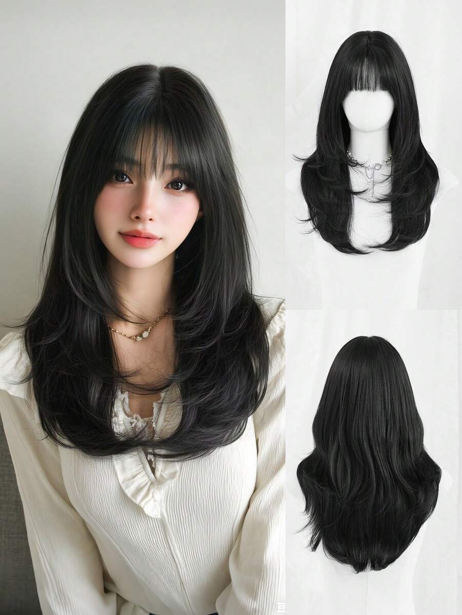 22-Inch Black Medium-Length Wig With Bangs For Women, Dark Roots Soft Heat-Resistant Fiber Full Machine Synthetic Straight Hair Wigs For Party Cosplay Halloween Wear, Music Festivals Celebrations Use - Black - View 1