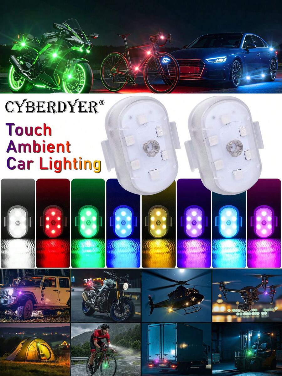 CyberDyer 无线车载LED灯，7色触控式仪表盘灯，无线LED车灯，可充电LED频闪灯，适用于摩托车、无人机、电动自行车、家庭使用 - 觸控 - 查看 1